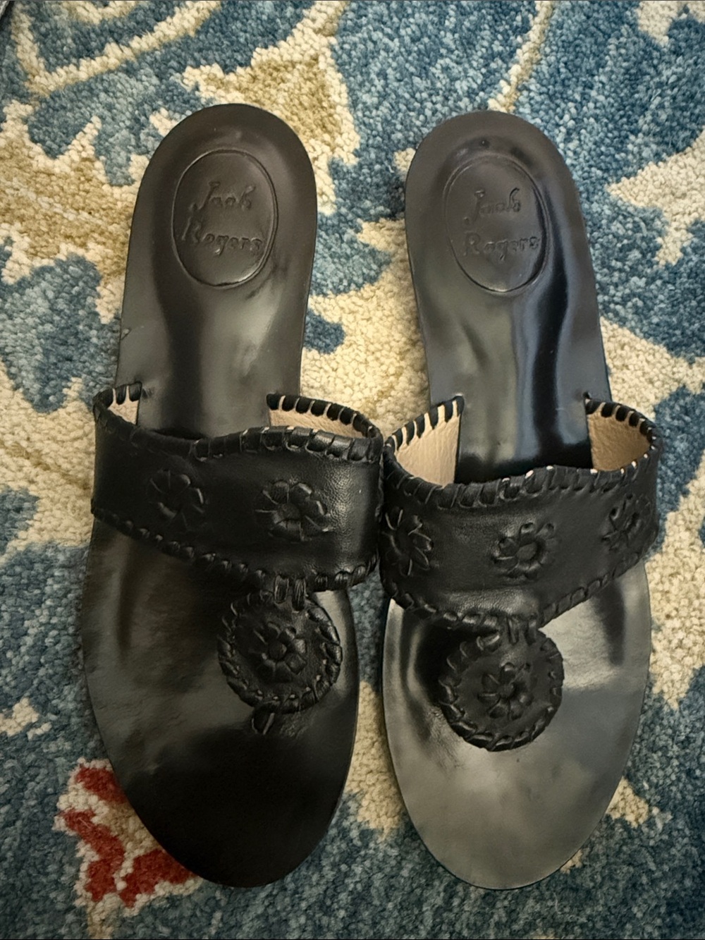 Jack Rogers Black Leather Whipstitch Slide Sandals